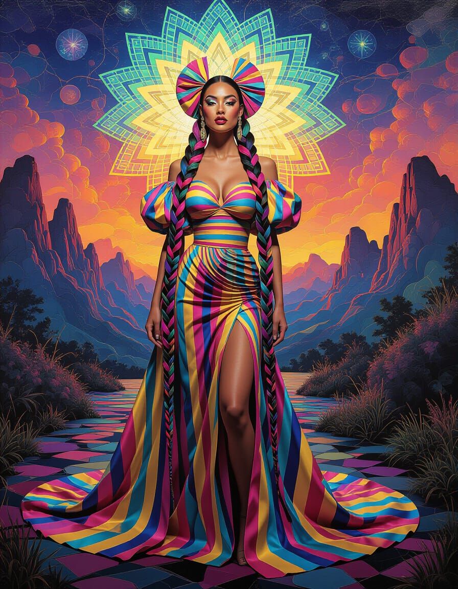 Goddess in Kaleidoscope Landscape with Stained-Glass Makeup