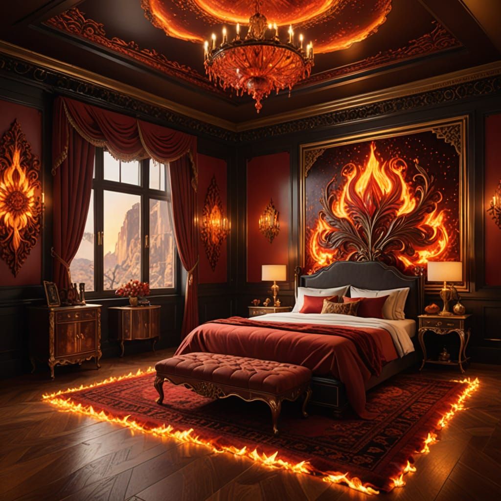 Fiery Bedroom with Jade Bed and Flame Murals