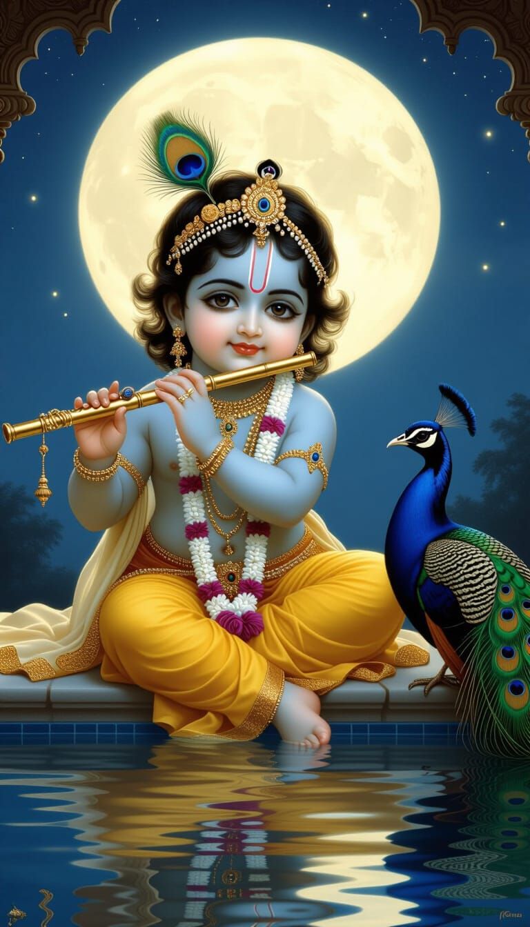 Baby Krishna with Peacock in Traditional Indian Style