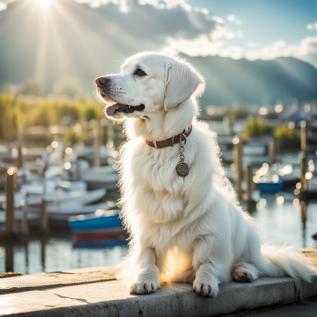 White Dog in Harbor with Divine Sunshine