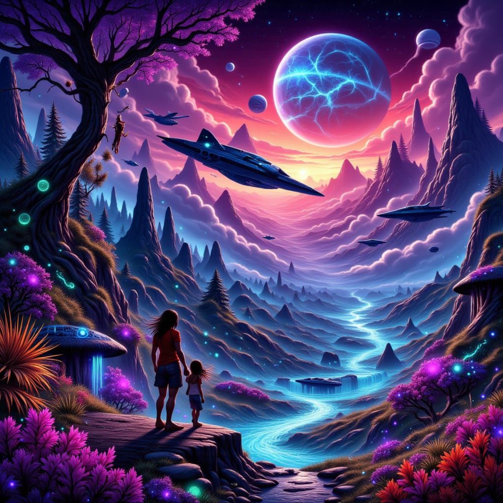 Family Explores Bioluminescent Alien Planet from Spacecraft