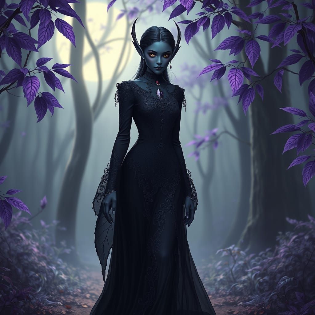 Mystical Elf Maiden Walks Under Moonlit Forest Canopy