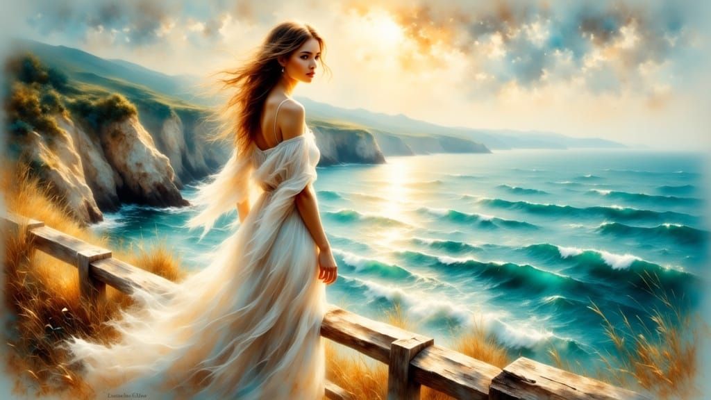 A Serene Young Woman Longs for the Ocean's Boundless Horizon