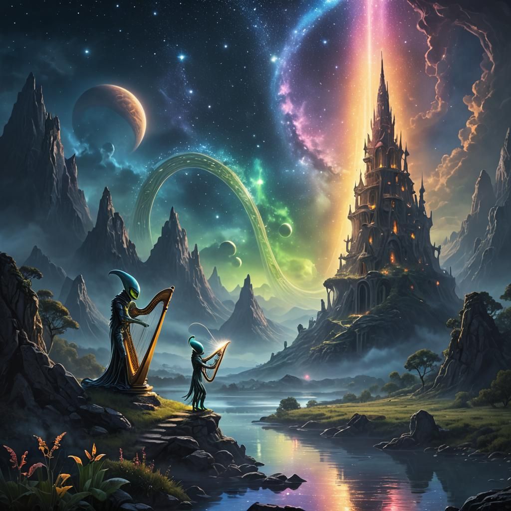 Aliens Playing the Harp by the Magical Tower