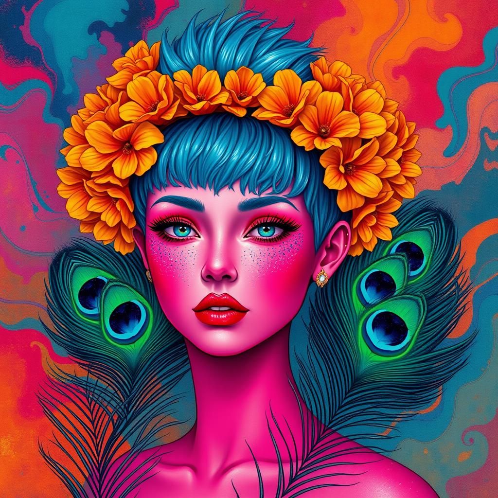 Vibrant Woman with Marigold Crown and Peacock Feathers