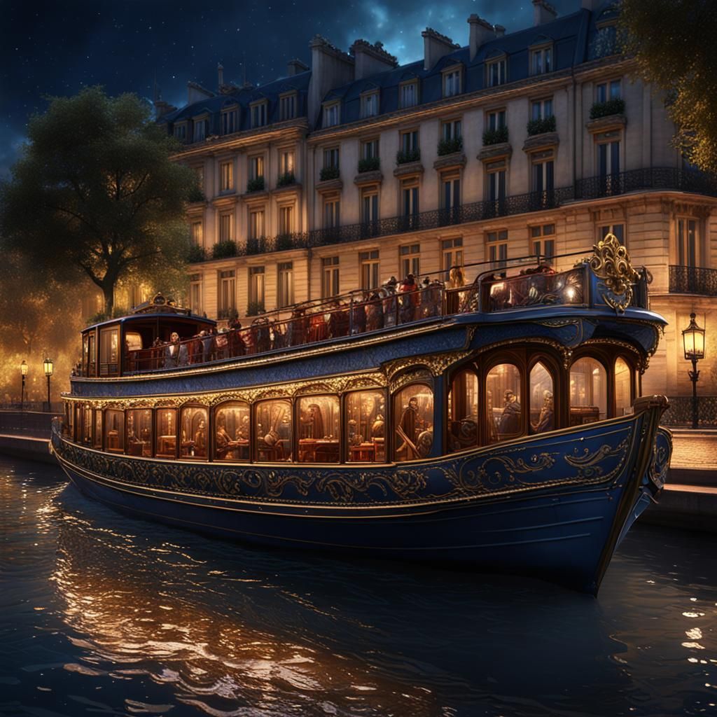 Paris River Boat at Night: Detailed Matte Painting