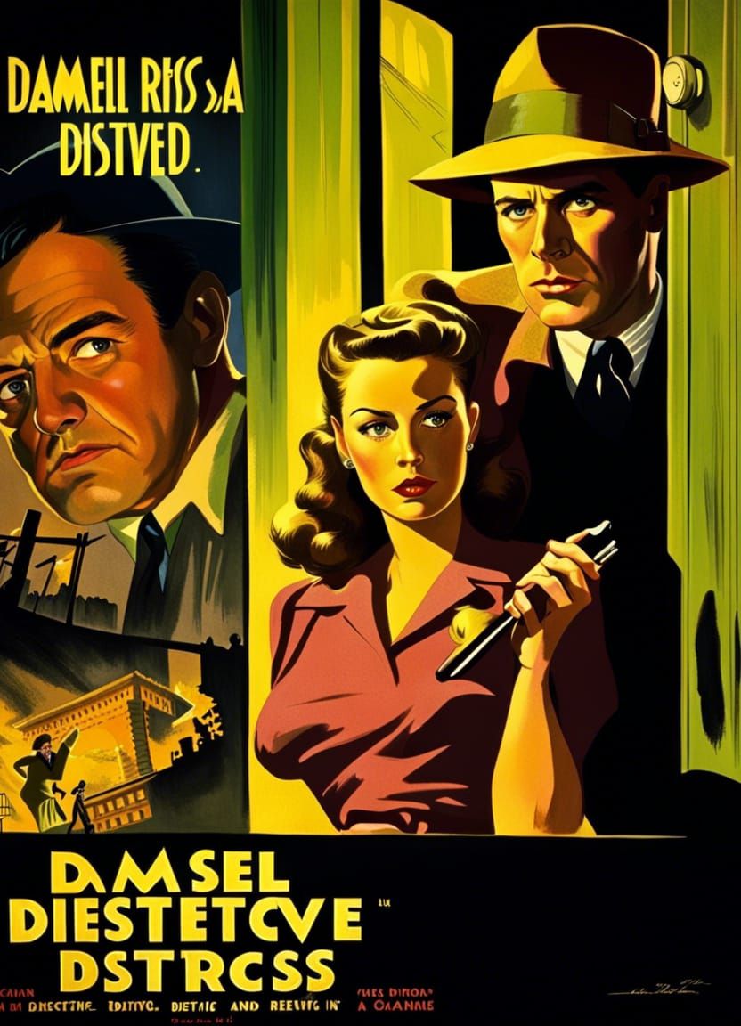 1940s Film Noir Poster of Detective and Damsel