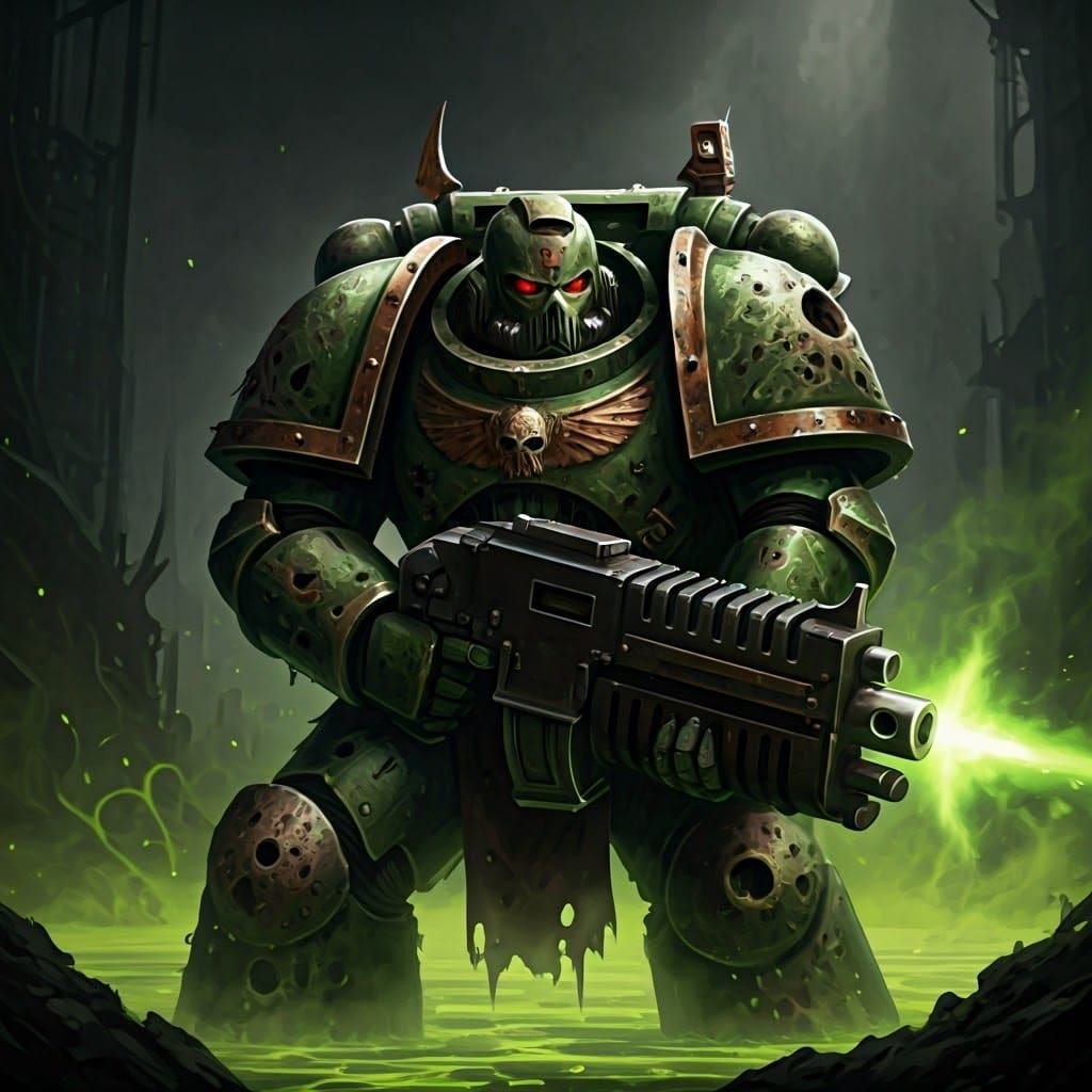 Grim Cyber Gothic Space Marine Amidst Toxic Swampland