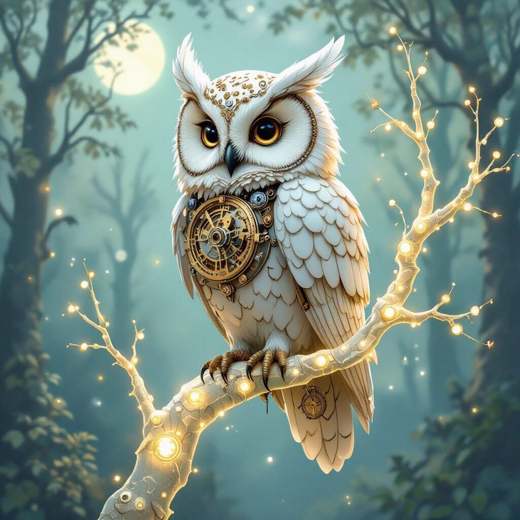 Mechanical Owl in Steampunk Fantasy Forest
