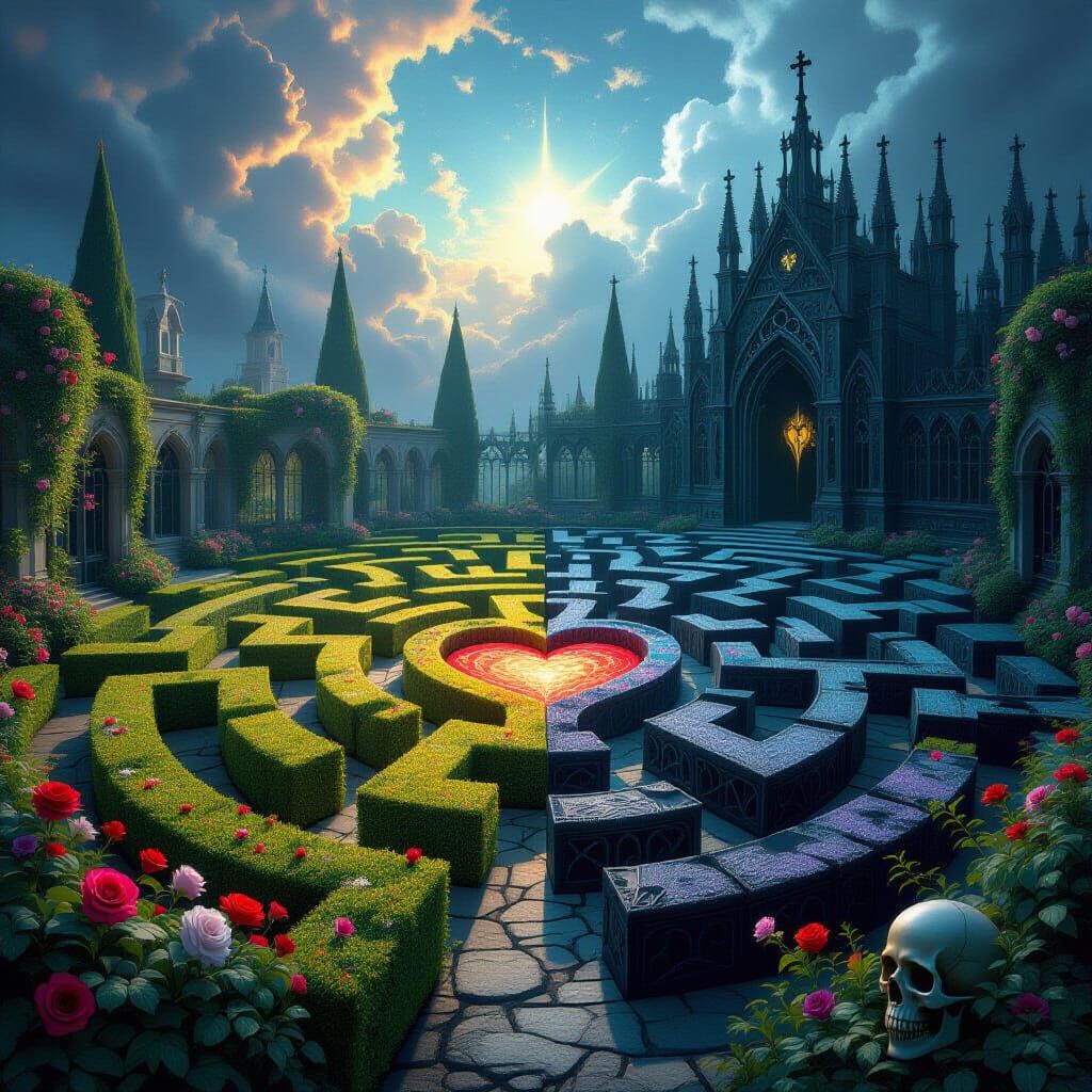 Surreal Maze: Whimsical Garden Meets Gothic Metal