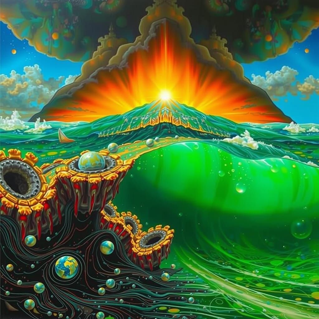 Titanic Ship Navigating a Surreal Green Ocean