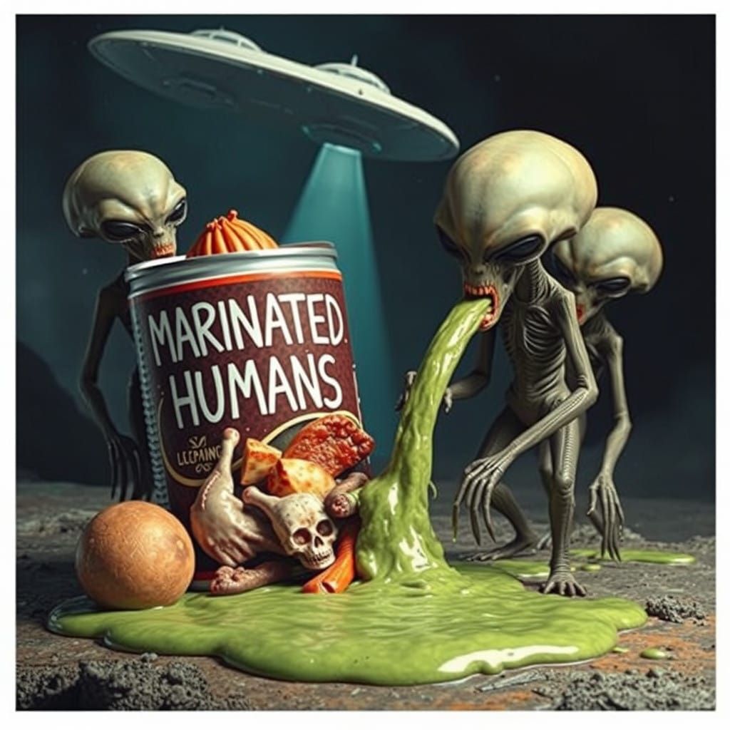Alien Horror: Half Eaten Can of Marinaded Humans in Surreal...