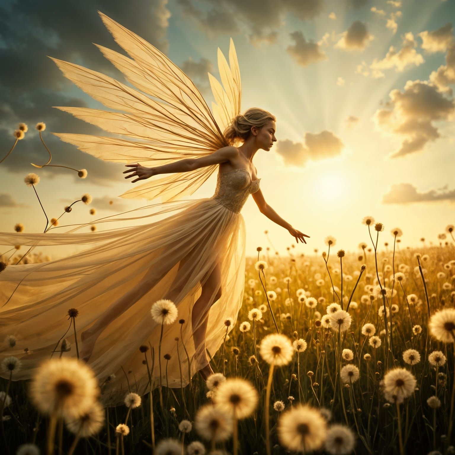 Surreal Fairy Amidst Dazzling Dandelion Blooms in Cinematic ...