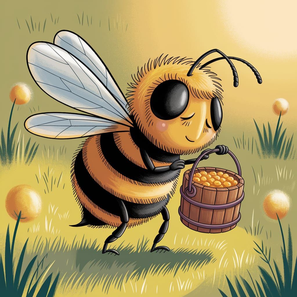 Drowsy Bumblebee in Sunlit Meadow: Digital Illustration