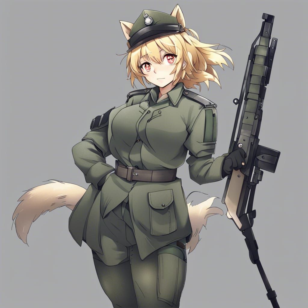 Anime Wolf Girl in Military Uniform