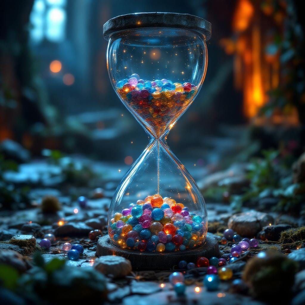 Mysterious Hourglass in Magic Cottage, Hyperrealistic Fairyt...