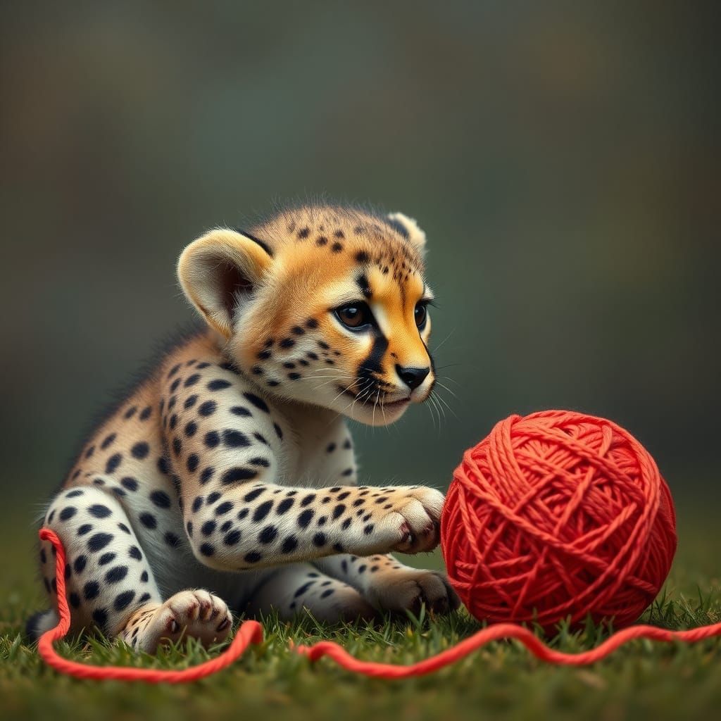 Cheetah Cub Plays with Yarn in Whimsical Merged Cherry Style