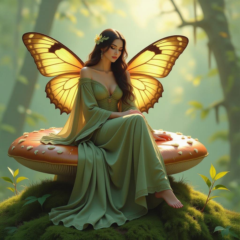 Moth Goddess on Mushroom, Oil Painting Style