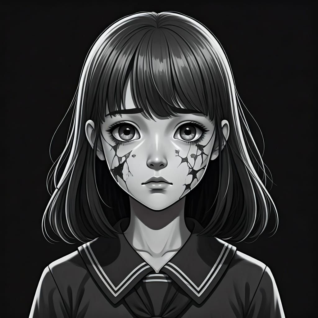 Anime style. Black and white. A girl with a broken happy mask on.
