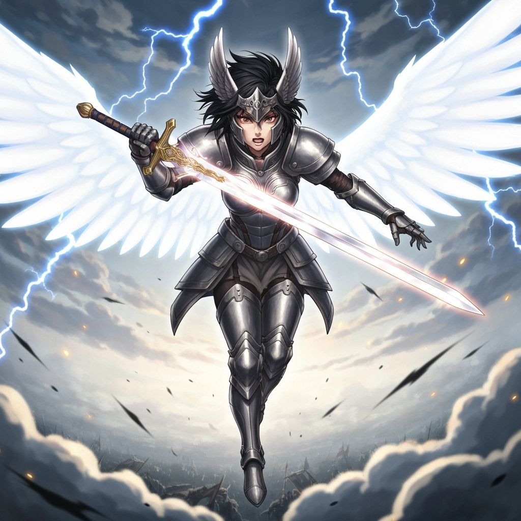 Anime Valkyrie Descends on Battlefield with Glowing Sword