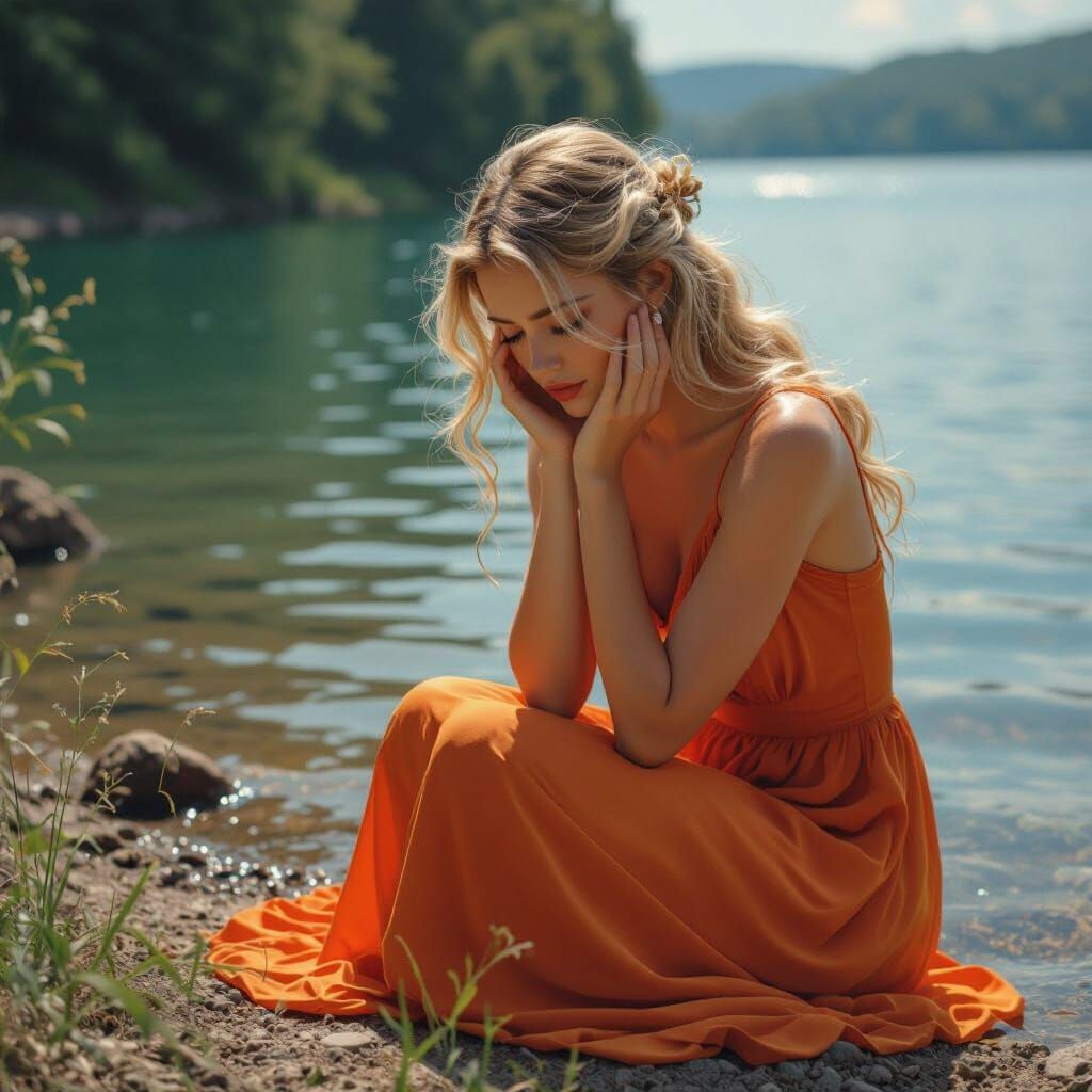 Sad Woman in Silk Dress Kneels by Tranquil Lake