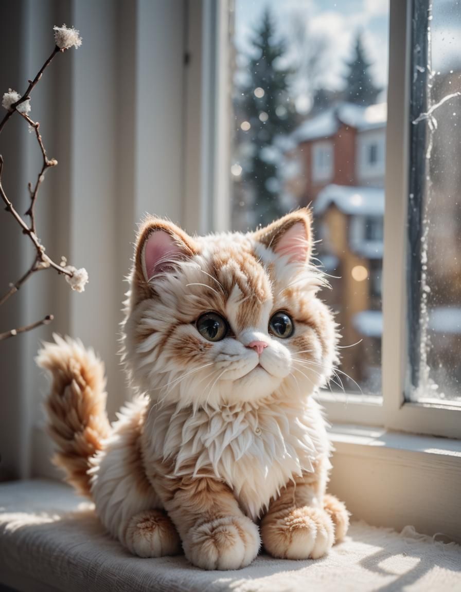Dreamy Cat Plushie on Window Sill