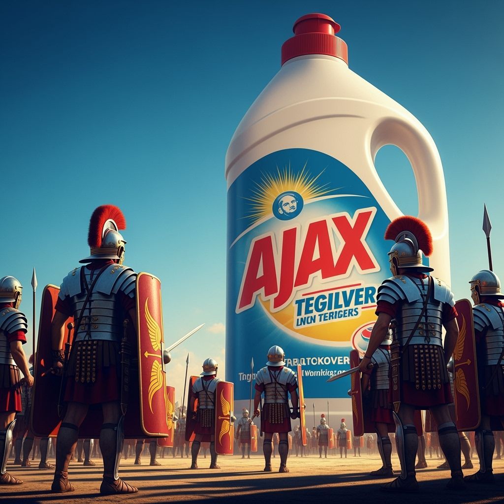 Roman Legion Battles Giant Ajax Bottle in Hyperrealistic Sty...