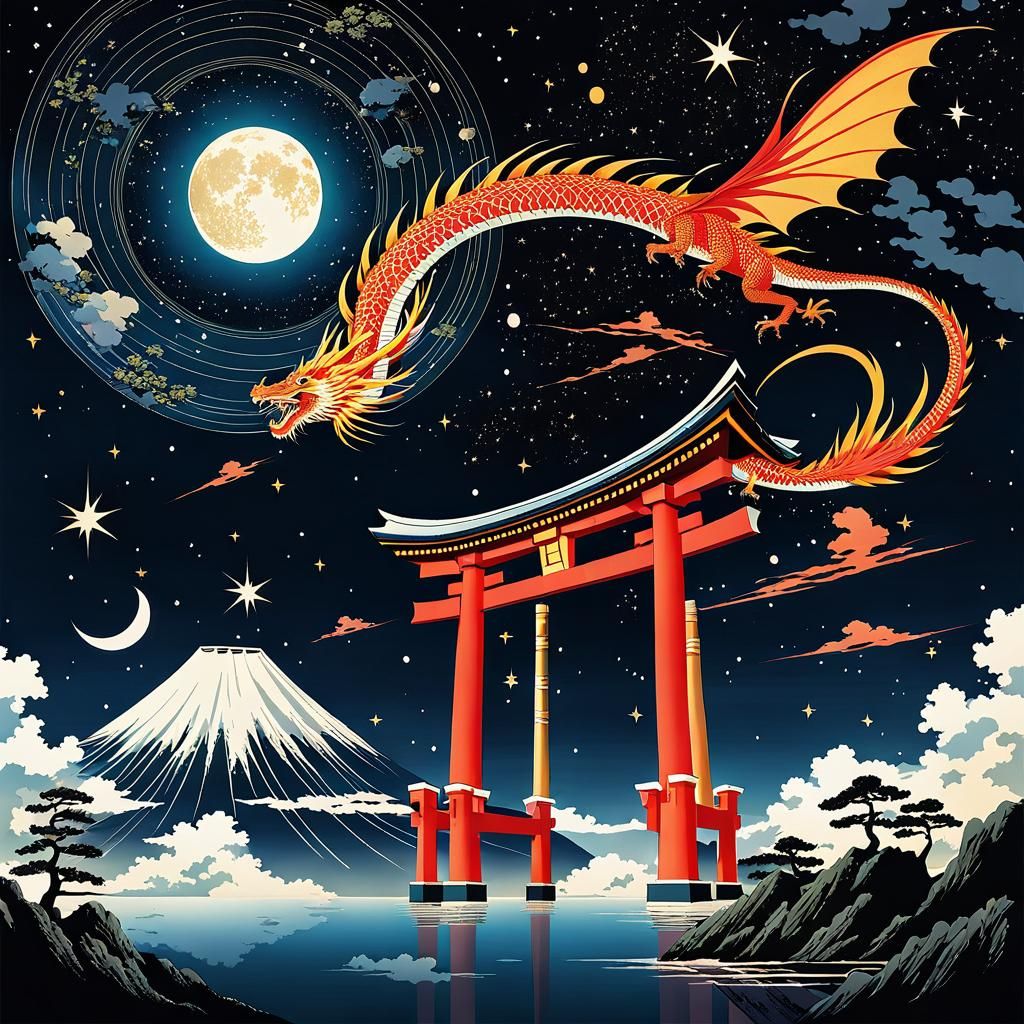 Manga Spaceship and Dragon Through Ukiyo-e Torii Gate