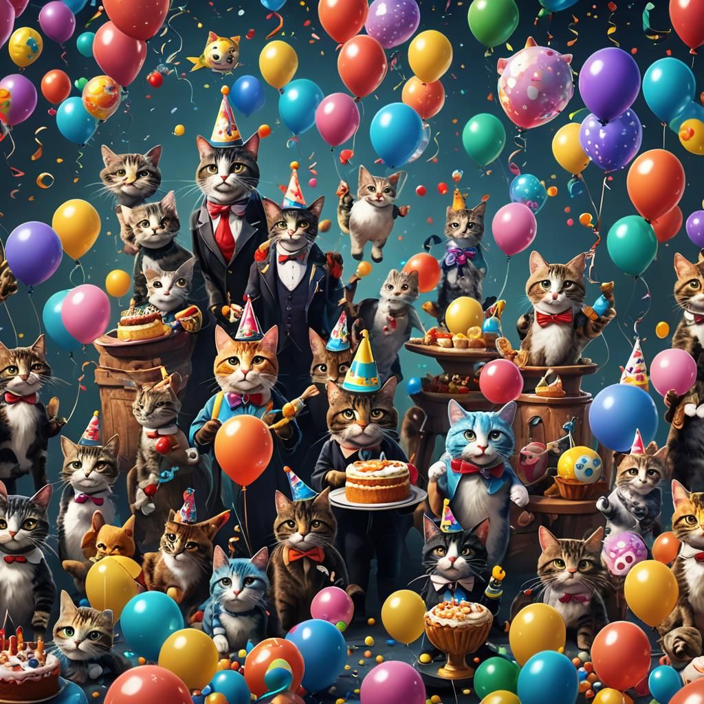 Cats Celebrate Birthday in Detailed Fantasy Art