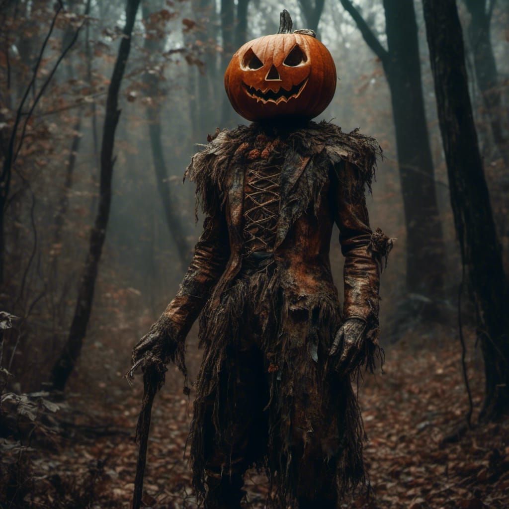 Macabre Pumpkin Man in Halloween Forest