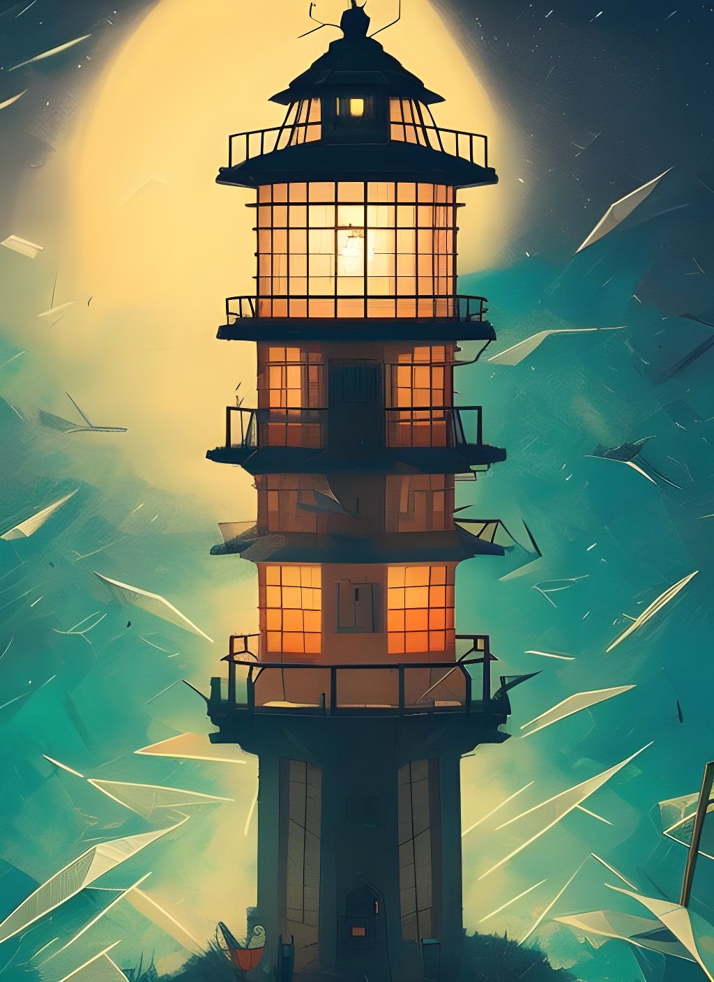 Origami Lighthouse at Night in Maximalist Style