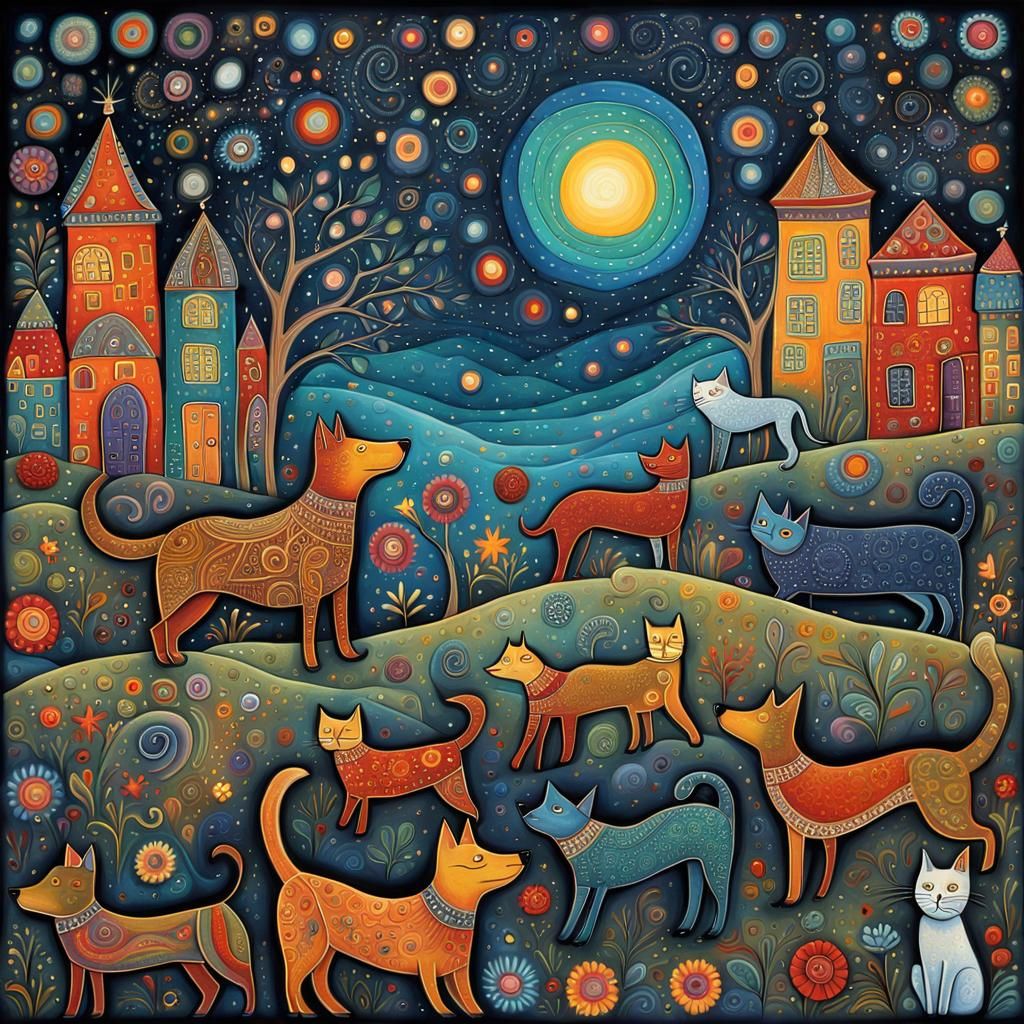 Joyful Dogs and Cats in Abstract Whimsical Scene