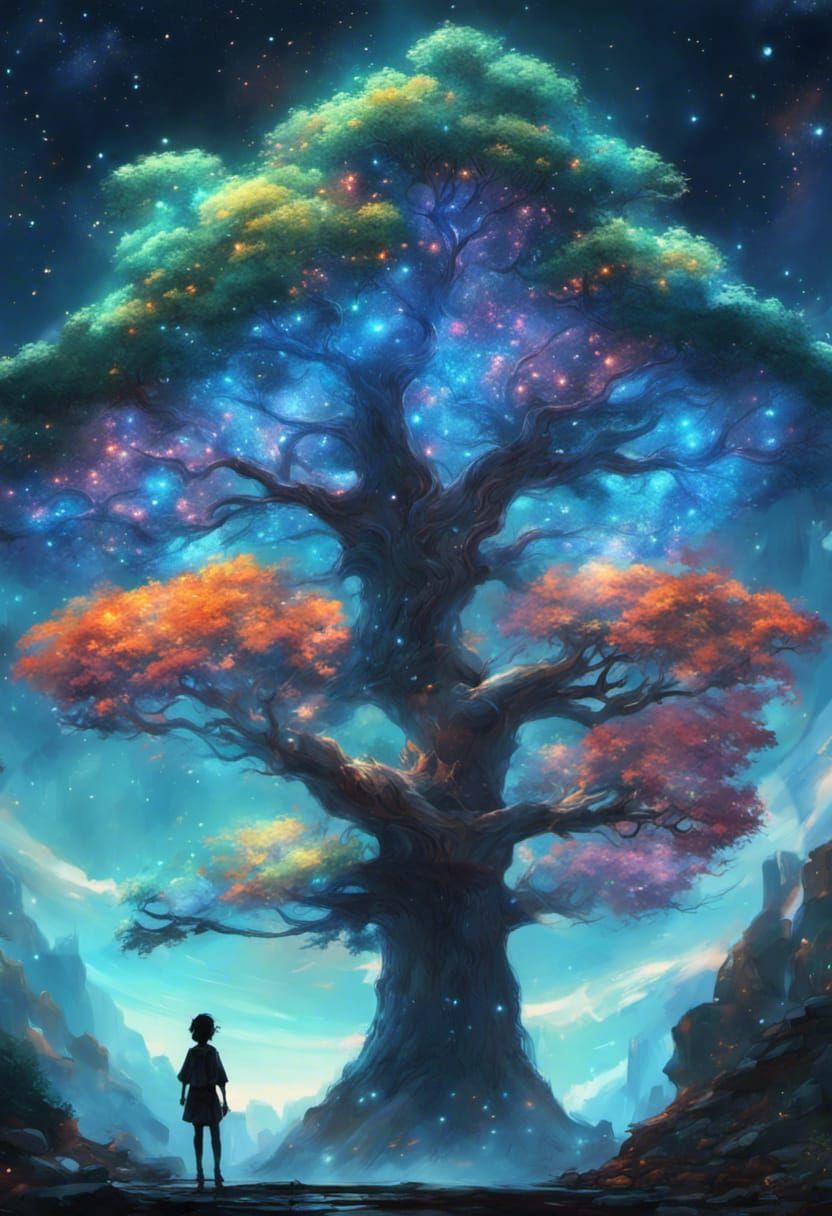Colorful Giant Tree Surrounded by Stars, Digital Art