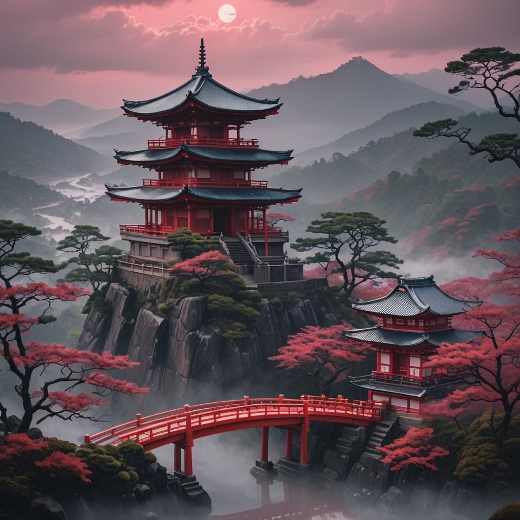 Shinto Temple with Vermillion Gates in Synthwave Style