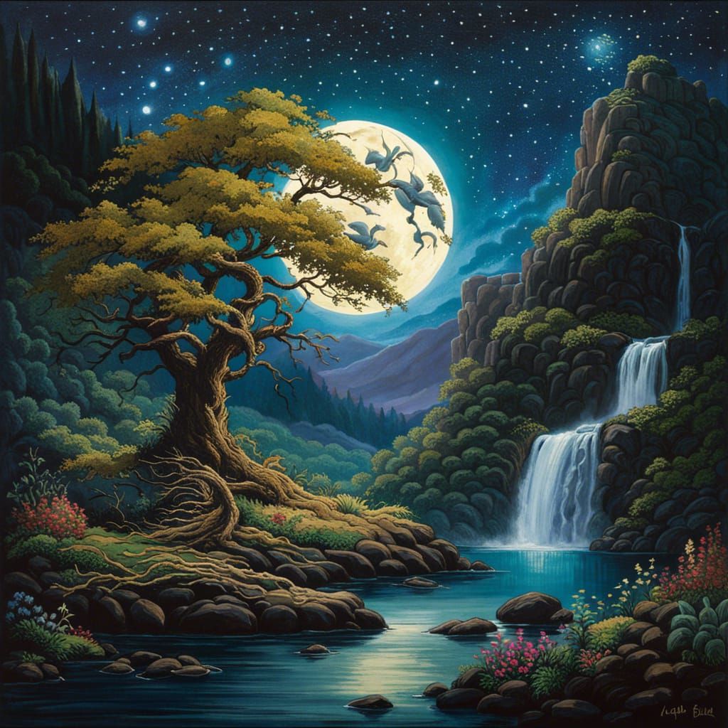 Majestic Tree and Waterfall in Hyperrealistic Painting