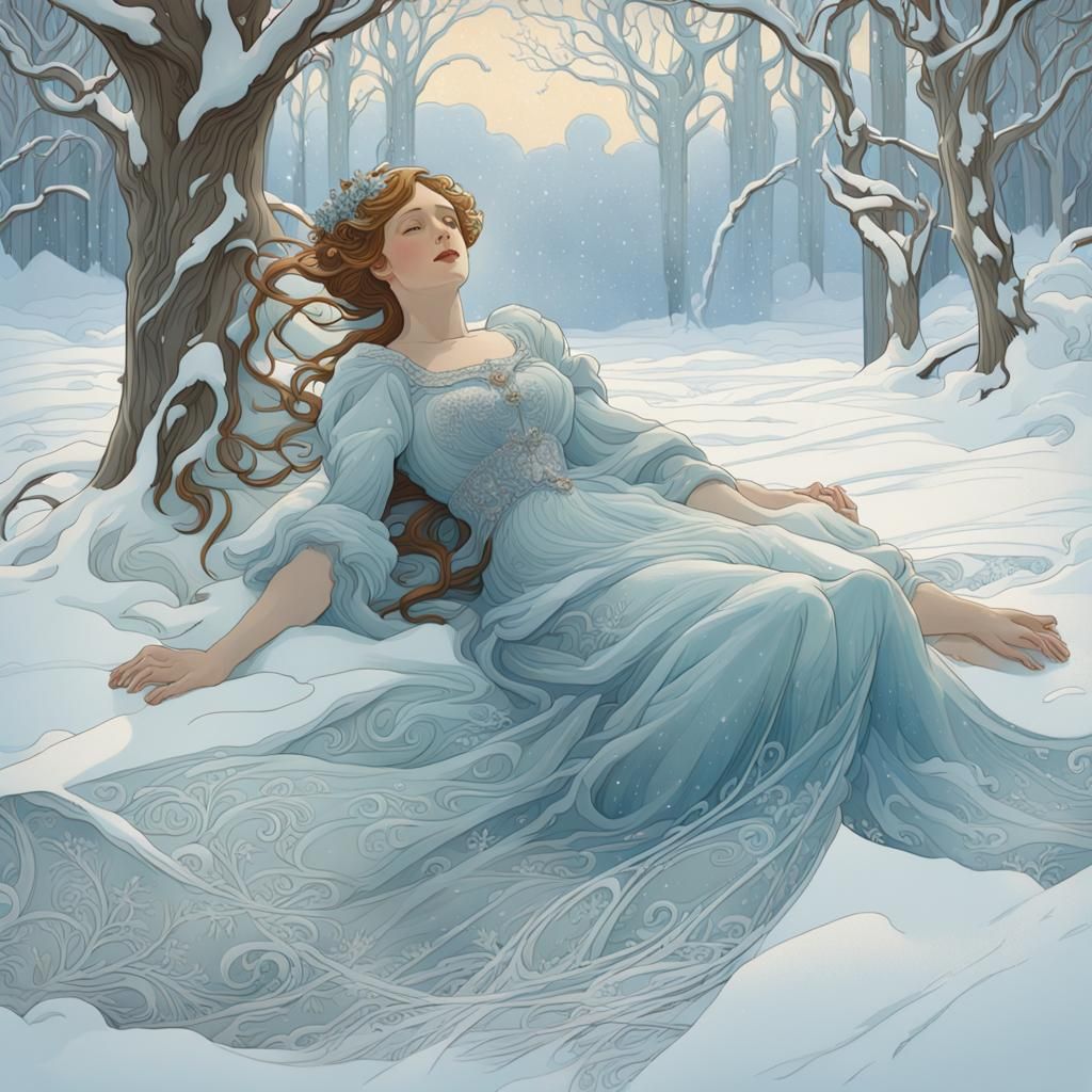 Elegant Art Nouveau Snow Scene with Intricate Details
