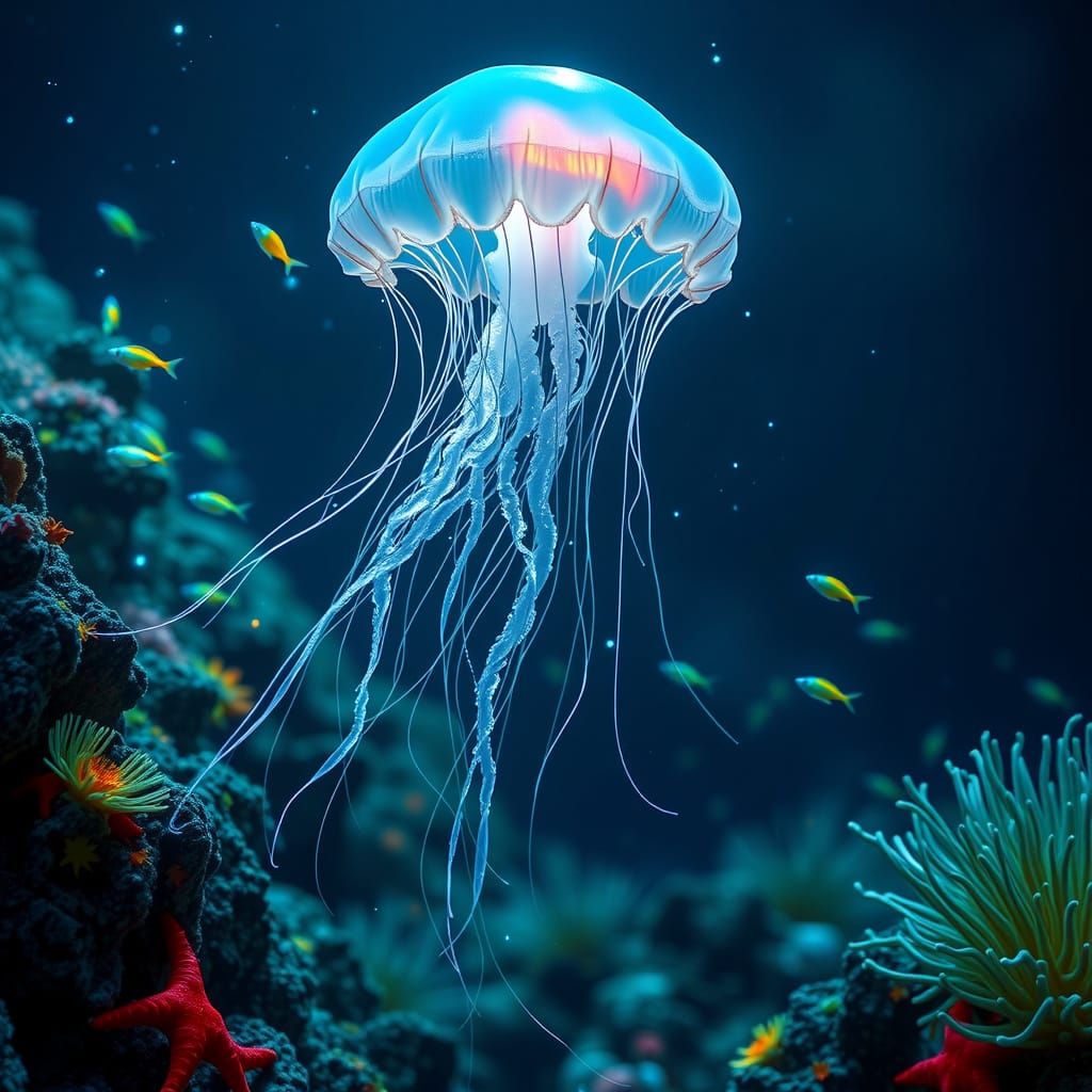 Bioluminescent Jellyfish Glides Through Coral Reef