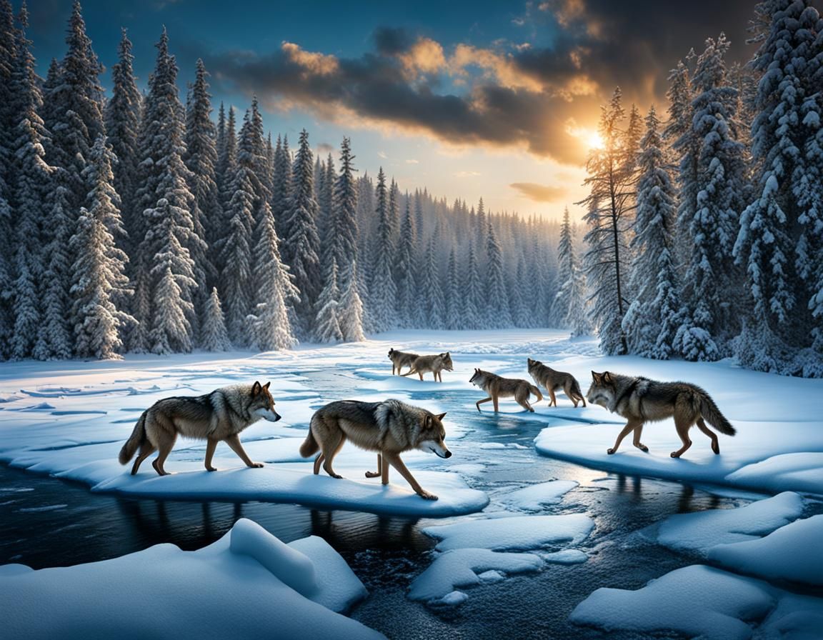A wolf pack crossing ane ice-covered river