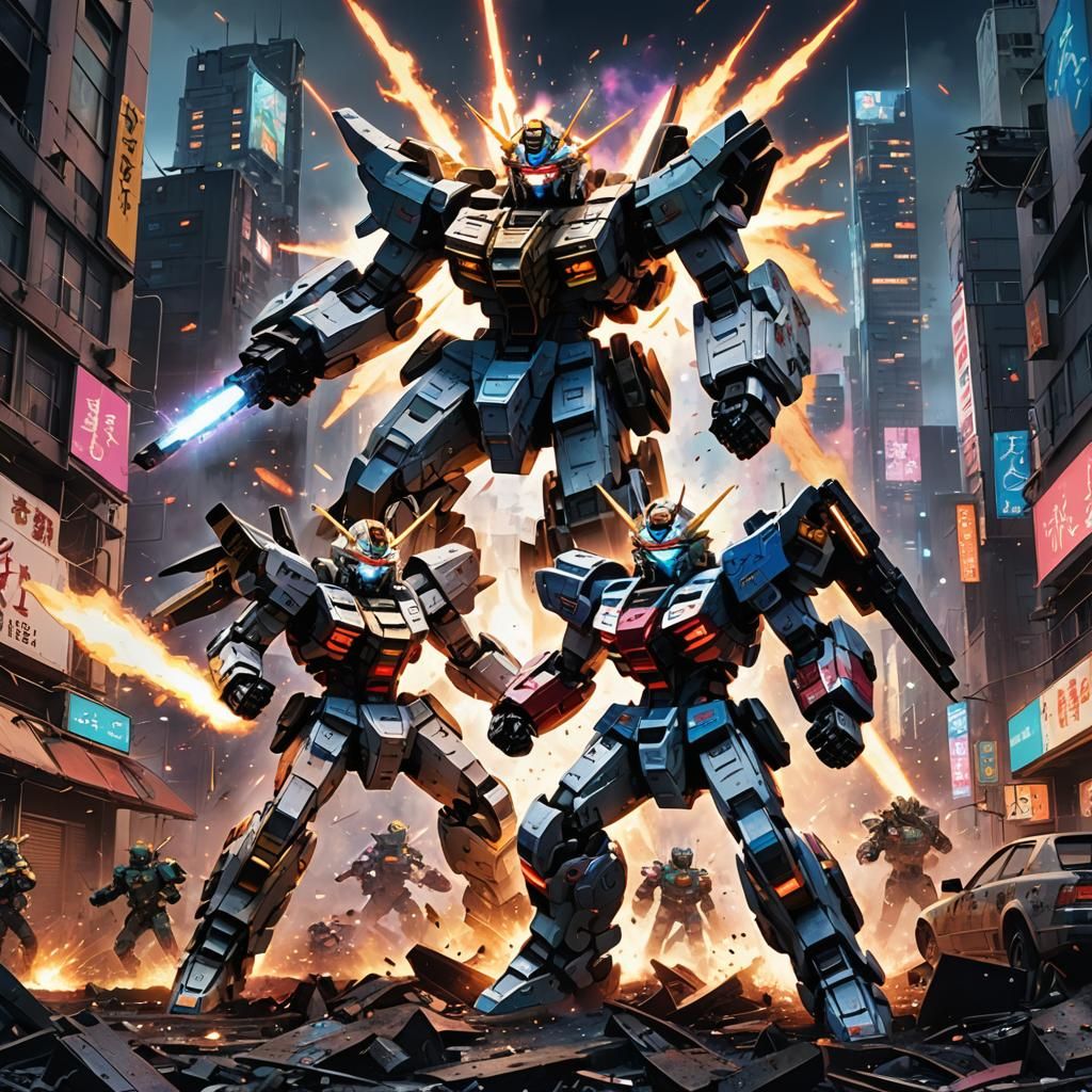 Vibrant Mecha Anime Illustration: Epic Battle of Two Gundams...