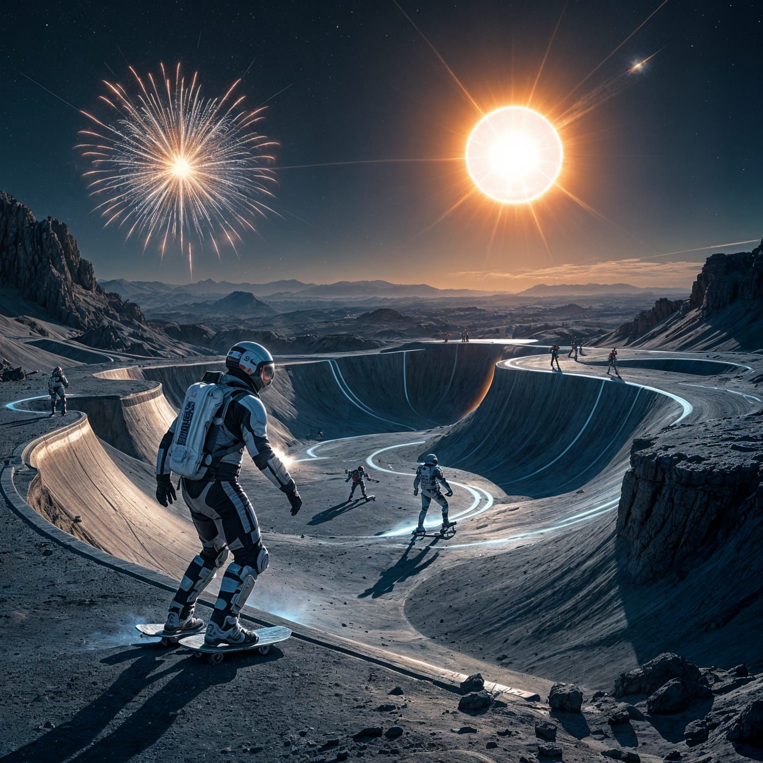 Futuristic Skaters Perform Tricks on Mercury Crater Skatepar...