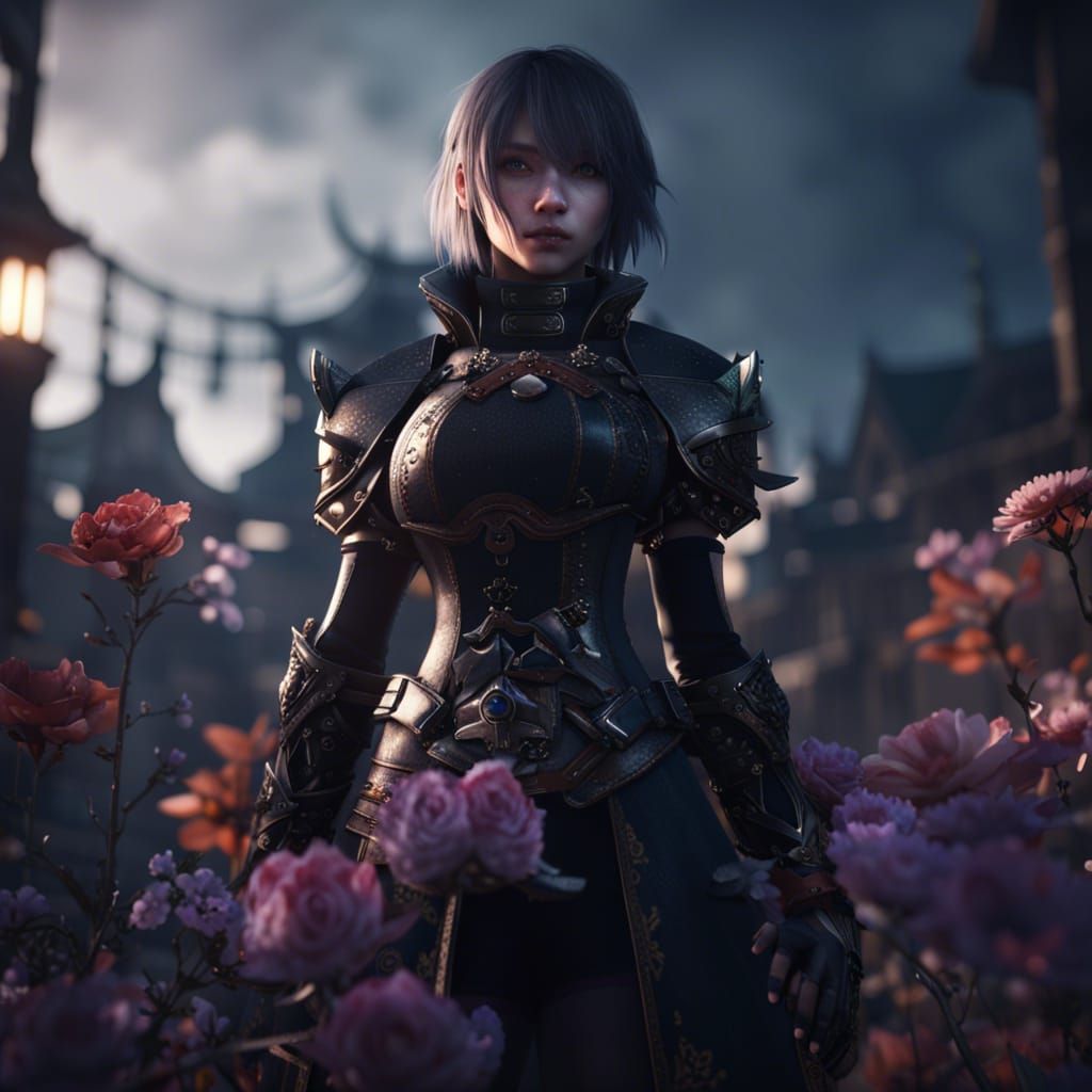 Armored Gothic Girl in Burning City: Manga Style