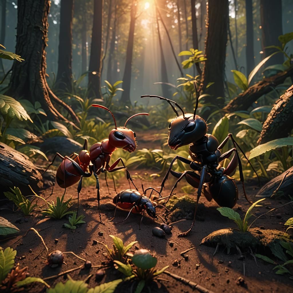 Ants in Forest at Sunrise, Matte Painting