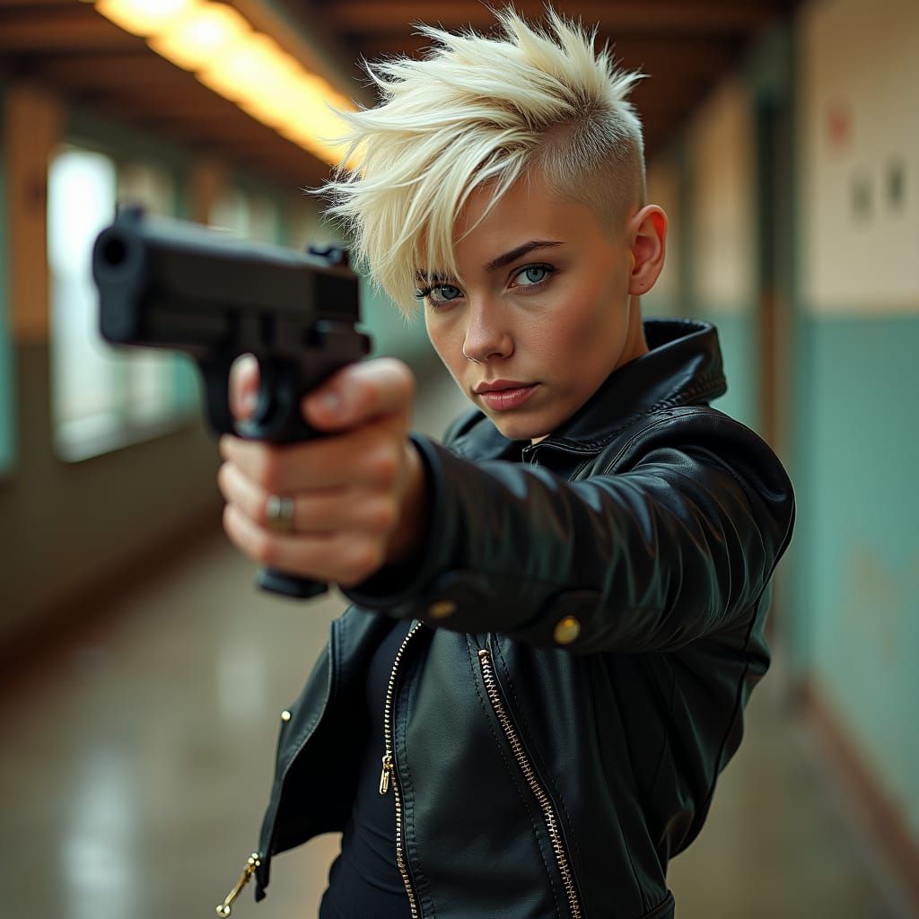 Punk Woman with Pistol in Cyberpunk Style