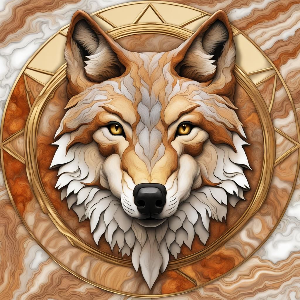 Marbled Wolf Head with Gold Enamel, 3D Effect