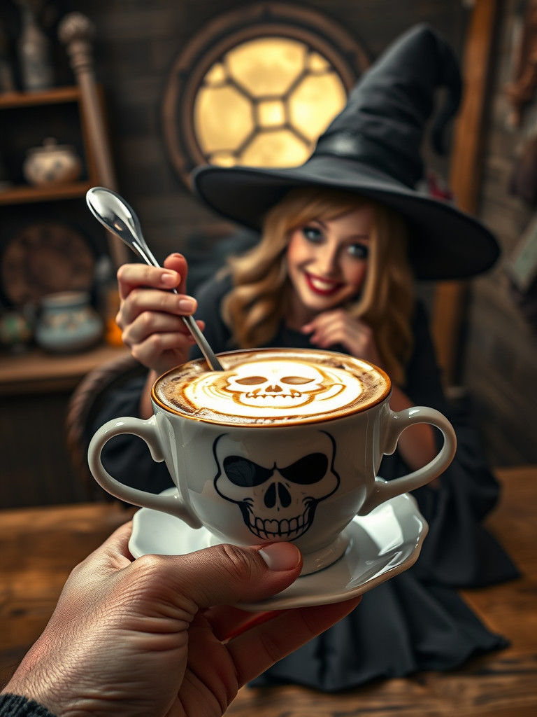 Latte Skull Teacup Held by Witch: Digital Illustration