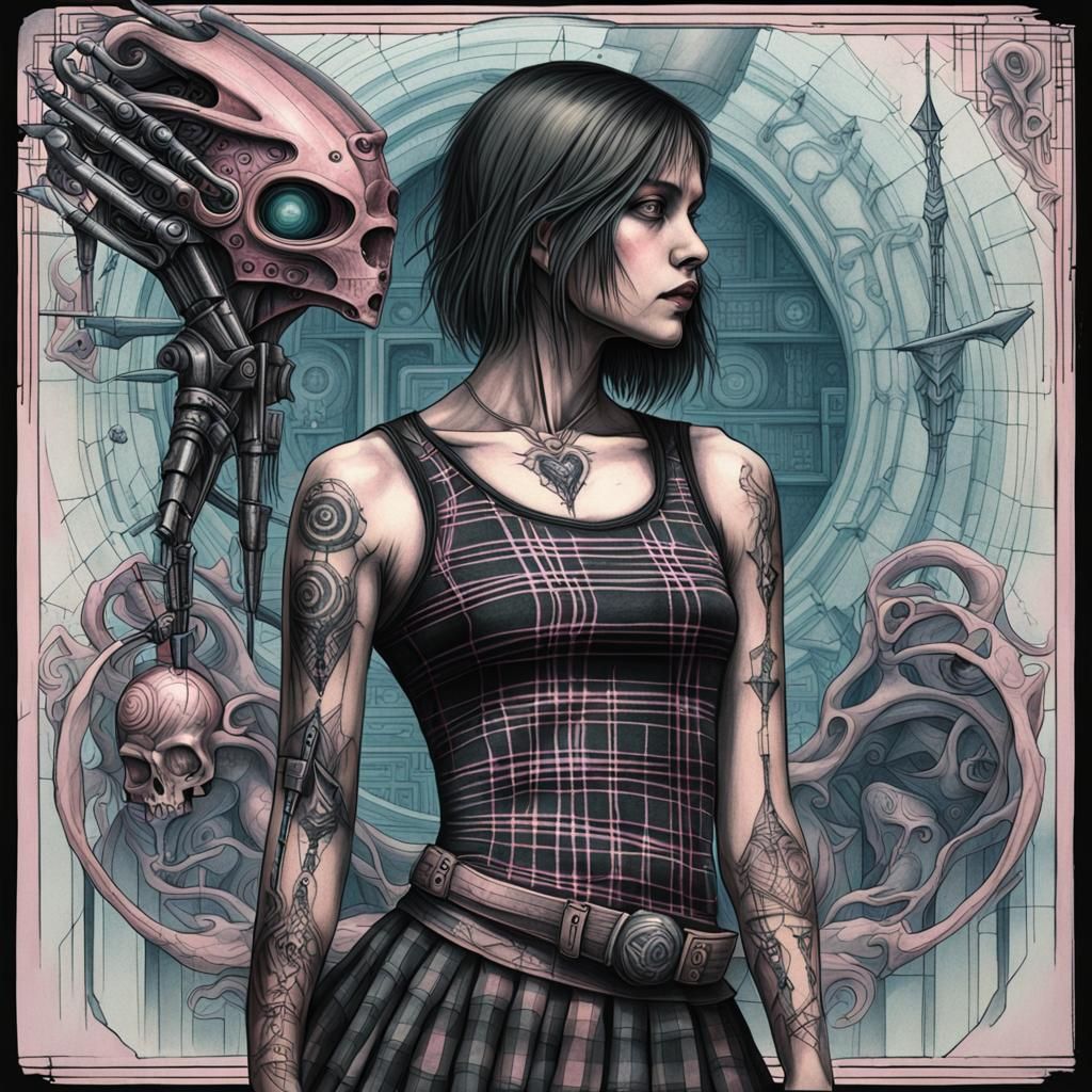 quarter profile of young cyborg woman in (charcoal tank top ...