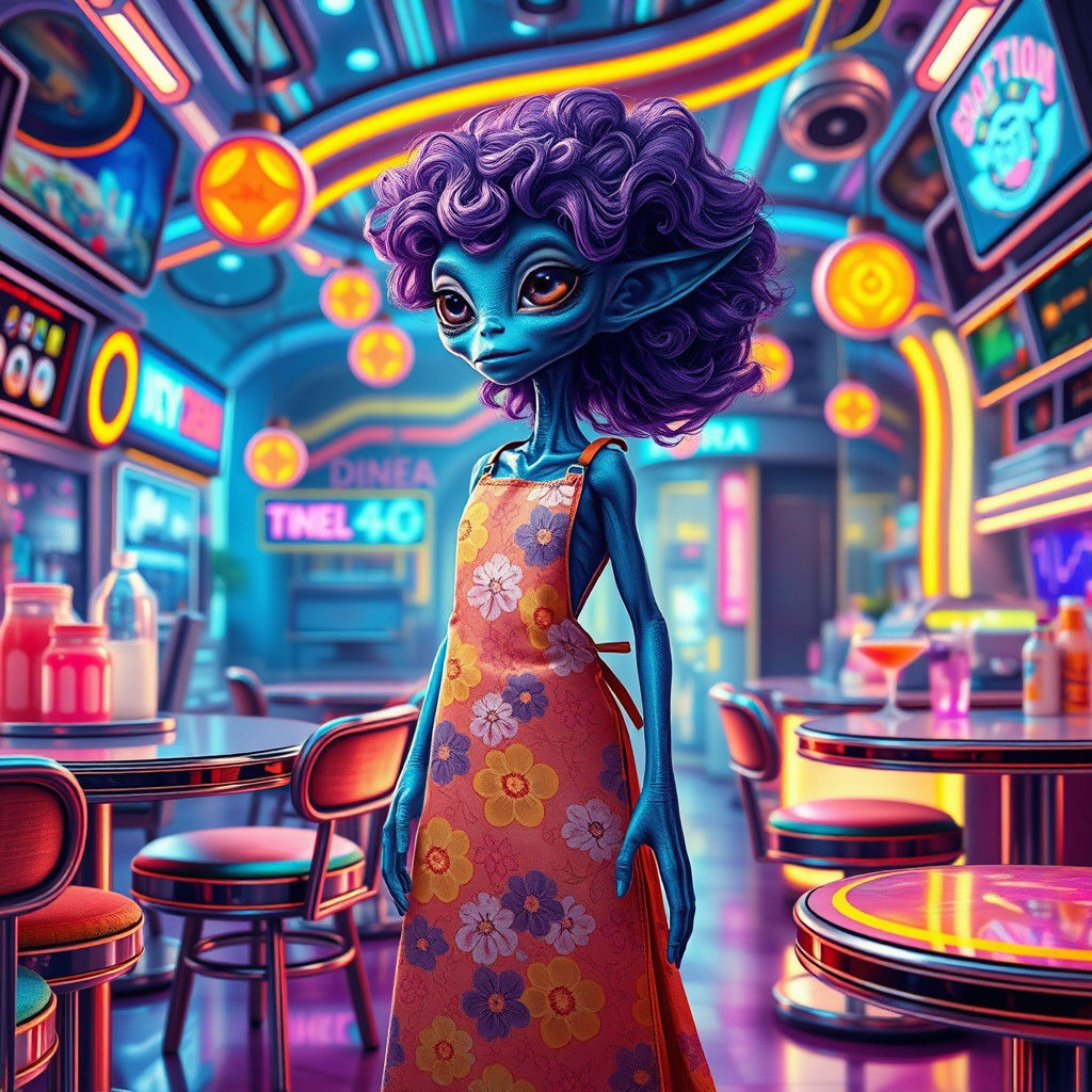 Sci-Fi Diner Scene with Blue Alien in Kandinsky Style
