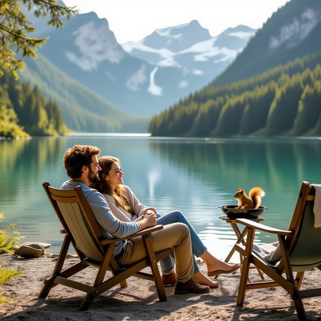 Couple's Serene Morning by Mountain Lake