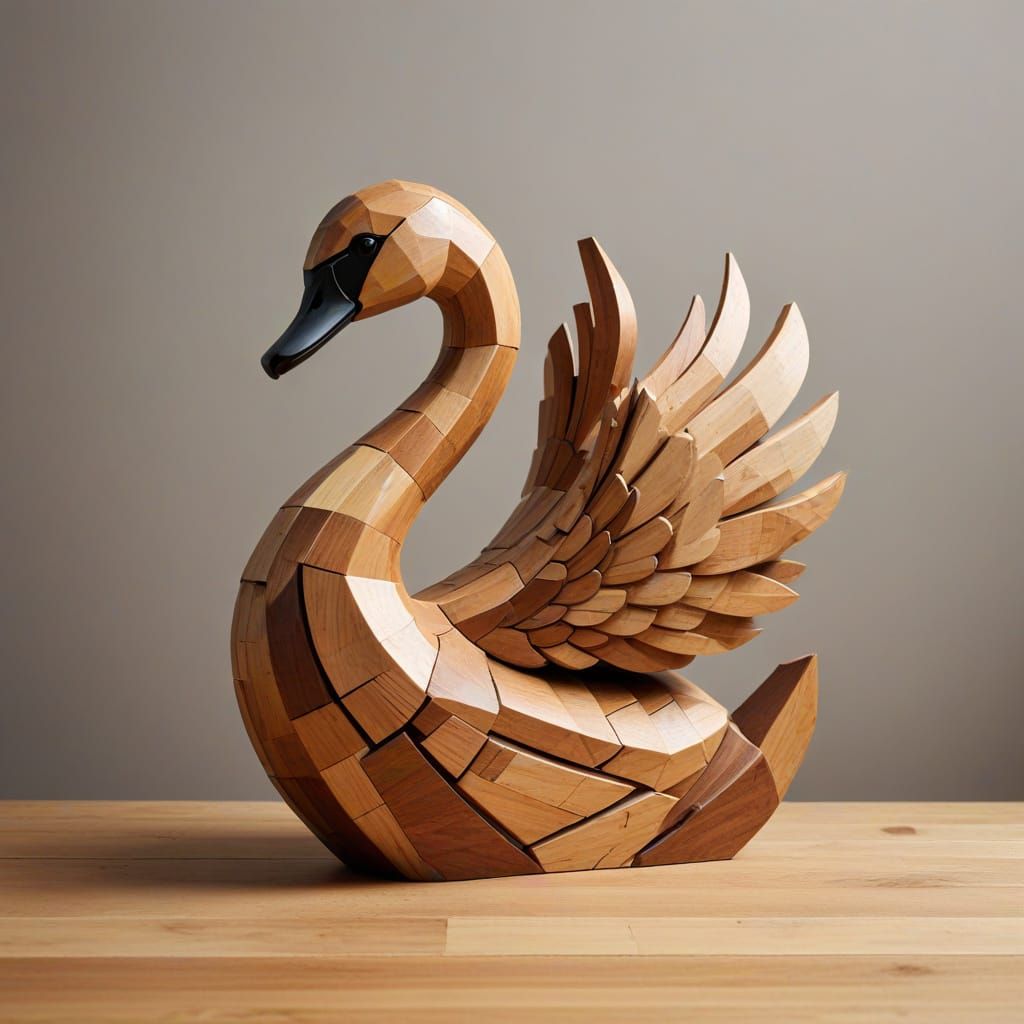 Wooden Block Swan Sculpture in 3D Diorama