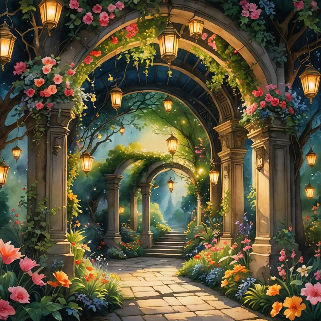 Mystical Garden with Glowing Light, Watercolor